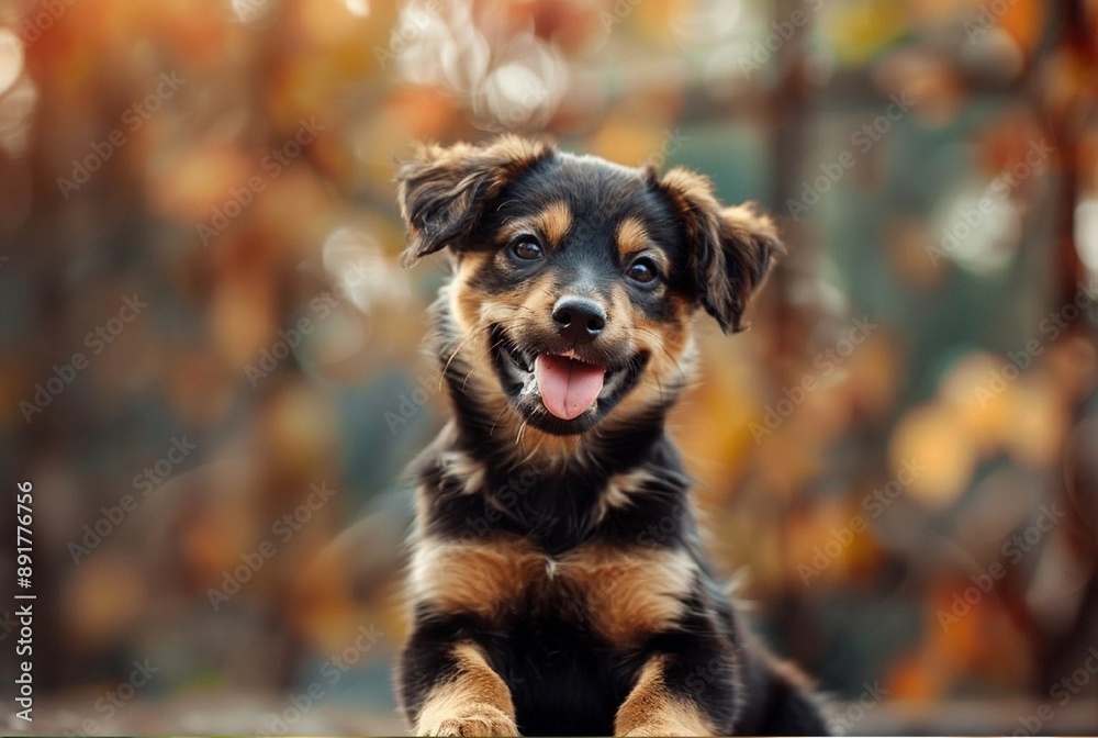 Stunning high resolution photos of a happy mongrel puppy with a toothy smile sitting on an embankment