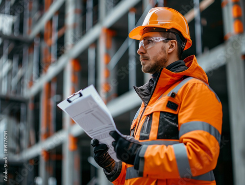 Construction Worker Reviewing Documents at Construction Site