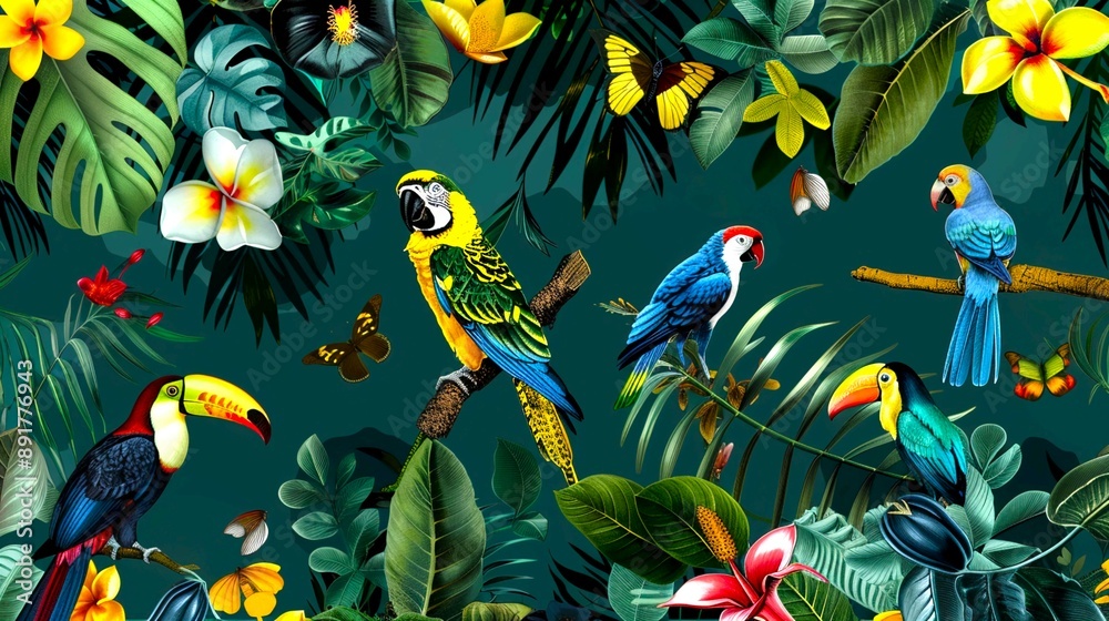 熱帯の動物と植物を画面全体に配したイメージのデザイン 熱帯の動物と植物を画面全体に配したイメージのデザイン