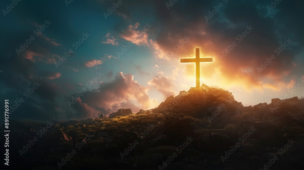 A luminous cross stands atop a hill against a breathtaking sunset sky symbolizing faith, hope, devotion, spirituality, and divine presence. A luminous cross stands atop a hill against a breathtaking sunset sky symbolizing faith, hope, devotion, spirituality, and divine presence.