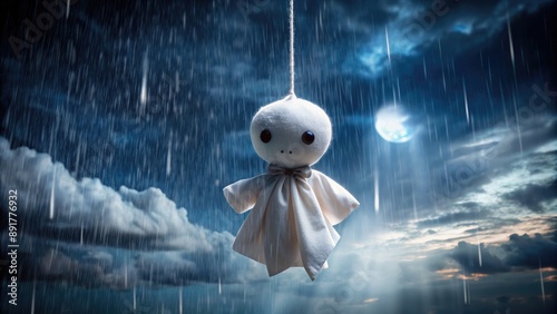 Teru Teru Bozu Rain Doll Hanging In Rainstorm At Night. Generative AI photo