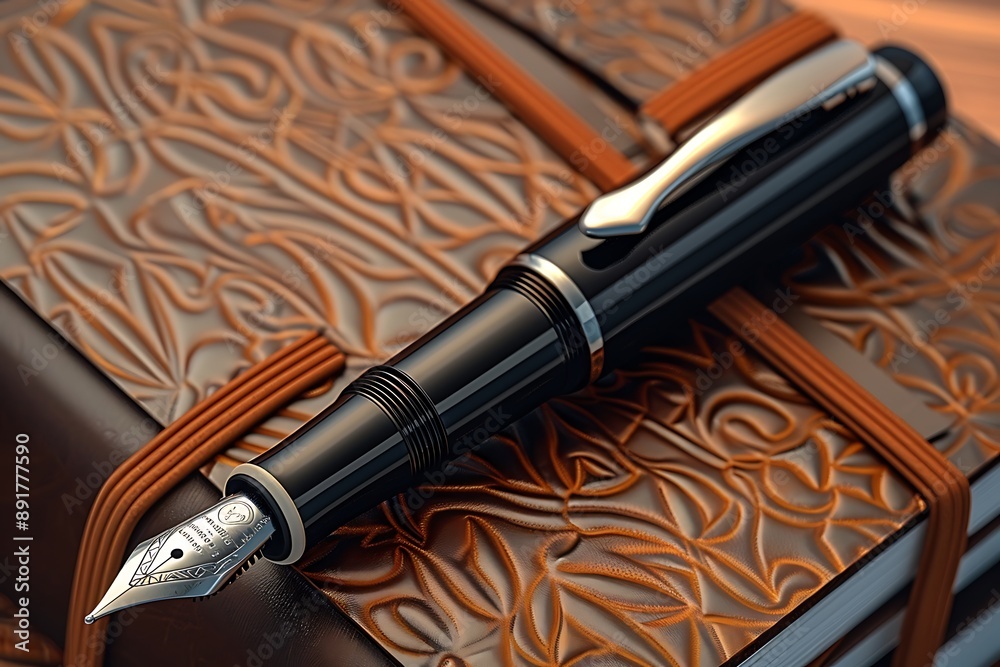 A sophisticated fountain pen resting on an embossed leather journal, with the pen nib glistening under warm studio lighting A sophisticated fountain pen resting on an embossed leather journal, with the pen nib glistening under warm studio lighting
