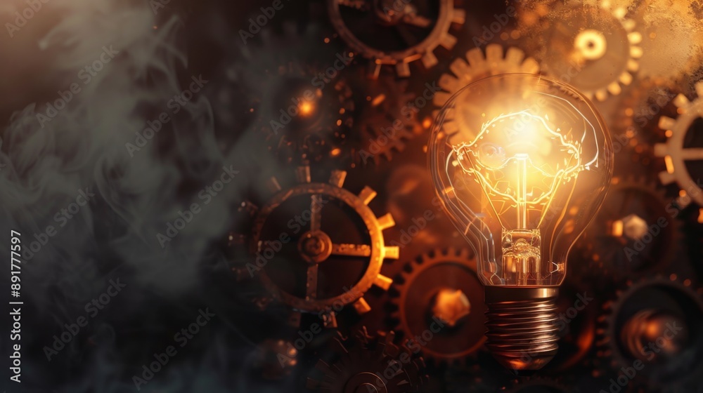 A glowing Edison bulb is centered among intricate industrial gears, symbolizing innovation, ideas, technology, industry, and inspiration A glowing Edison bulb is centered among intricate industrial gears, symbolizing innovation, ideas, technology, industry, and inspiration
