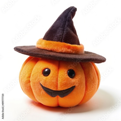 Close-Up of Plush Pumpkin Wearing Witch Hat for Halloween. Generative AI