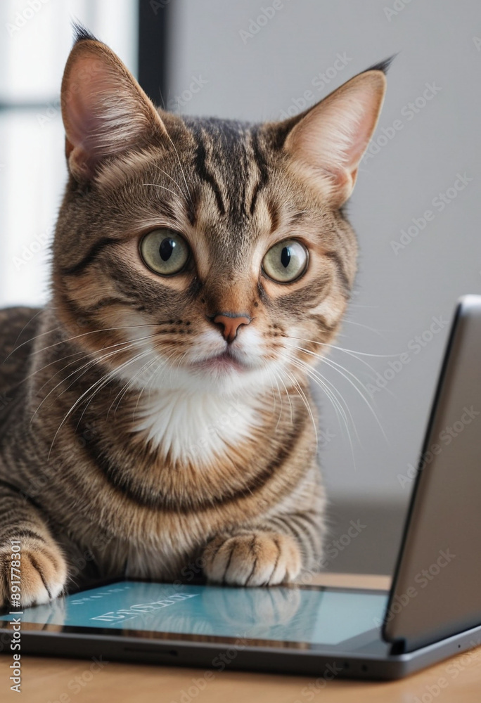 A cat staring intently at a tablet screen, seemingly watching a video. A cat staring intently at a tablet screen, seemingly watching a video.