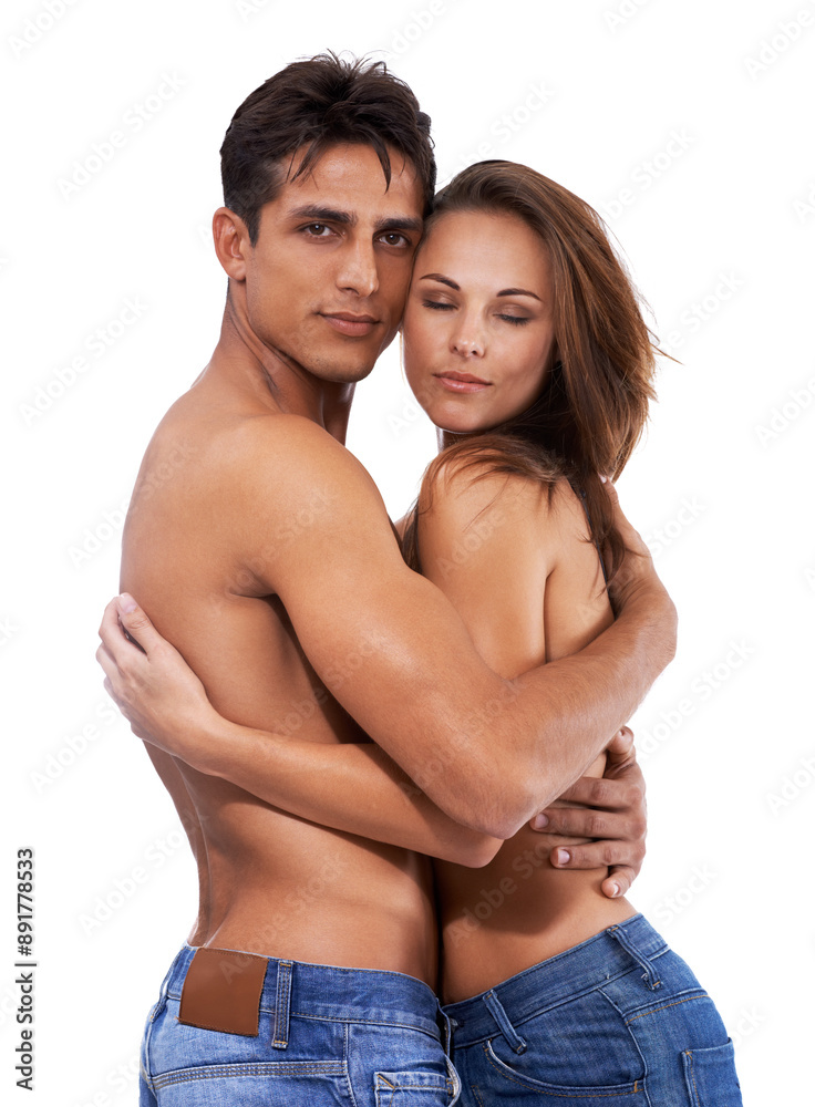 Couple, hug and topless for affection in studio on white background with passionate, love and sensual together. Relationship, support and care with gentle, sexy and embrace for bonding or desire Couple, hug and topless for affection in studio on white background with passionate, love and sensual together. Relationship, support and care with gentle, sexy and embrace for bonding or desire
