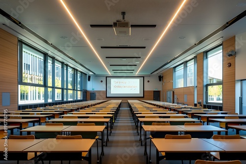 A spacious, empty classroom with neat rows of desks, bright lighting, and a projector screen at the front