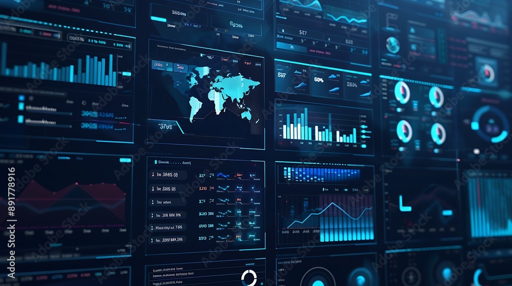 Virtual interface with financial data and social media analytics, modern business dashboard, dark blue background, Virtual interface with financial data and social media analytics, modern business dashboard, dark blue background,