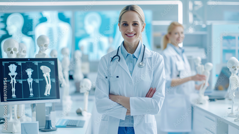 A woman in a white lab coat stands in front of a group of skeletons. She is smiling and she is proud of her work