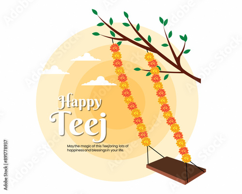 Happy Hariyali Teej Festival teej jhula decorative with marigold flowers Indian brides enjoy swing in monsoon photo