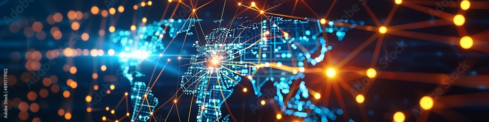 High-definition image of a global network concept with a world map and bright data nodes, captured in full clarity. High-definition image of a global network concept with a world map and bright data nodes, captured in full clarity.