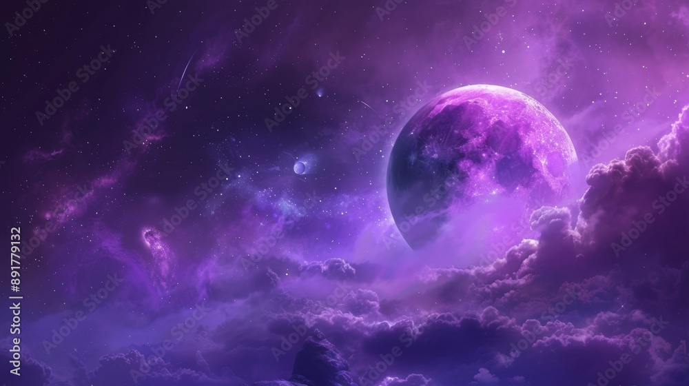Obraz premium A breathtaking view of a purple planet rising above clouds in a galaxy filled with stars and celestial bodies.