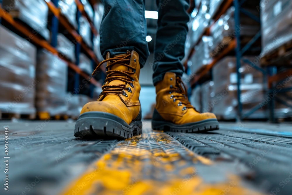 A pair of sturdy work boots stand on a warehouse floor, emphasizing safety and industrial work. The yellow lines on the floor represent caution and order within the workplace. A pair of sturdy work boots stand on a warehouse floor, emphasizing safety and industrial work. The yellow lines on the floor represent caution and order within the workplace.