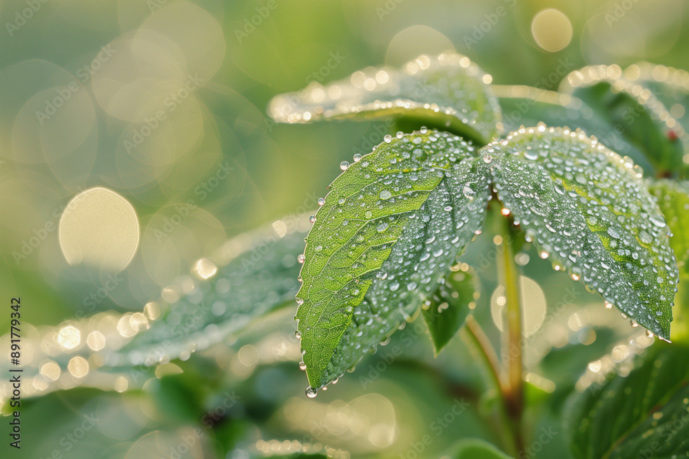 A leaf is covered in raindrops, creating a serene and peaceful atmosphere A leaf is covered in raindrops, creating a serene and peaceful atmosphere