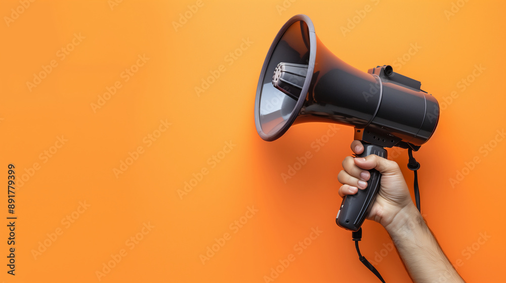 Fototapeta premium A person is holding a megaphone, orange background space for text