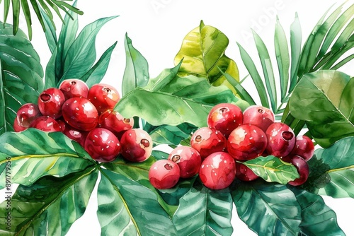 Coffee plants with ripe red berries and green leaves