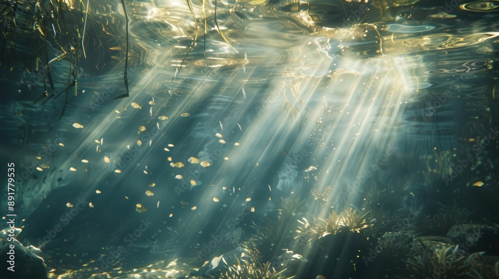 Sunlight streams through the clear water of a shallow underwater scene. Many fish swim through the beams of light, which illuminate the seabed Sunlight streams through the clear water of a shallow underwater scene. Many fish swim through the beams of light, which illuminate the seabed