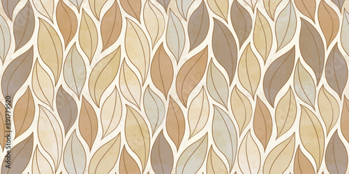 Watercolor Autumn leaves, vector seamless pattern. Brown leafs falling background, textured fall leaf print.