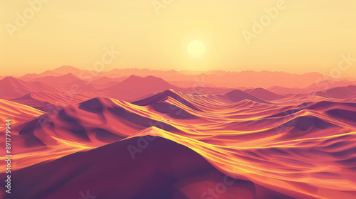 A desert landscape with sand dunes stretching as far as the eye can see.