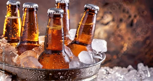 Ice-cold beer bottles in a bucket filled with ice, condensation forming on the bottles