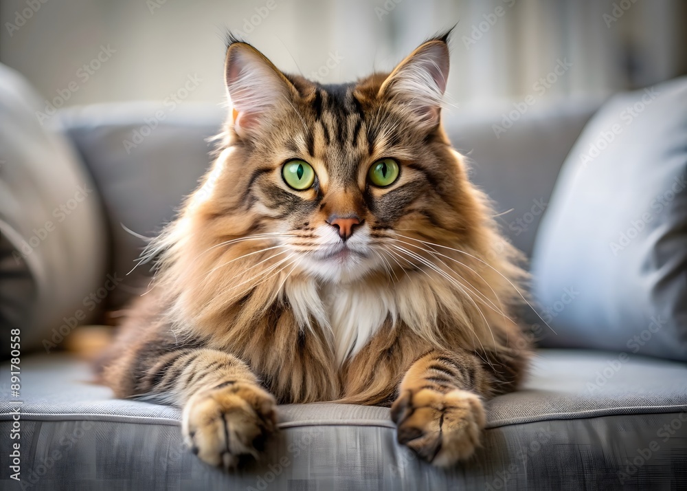 Fototapeta premium A cute pet Norwegian forest cat lying on the sofa with a blurred background