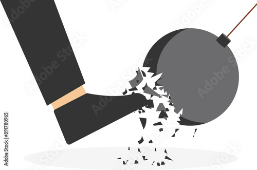 Businessman kicking hard the which protects from a collision with a broken wrecking ball. Safety measures. IT defense. Insurance and protection. Flat vector illustration

