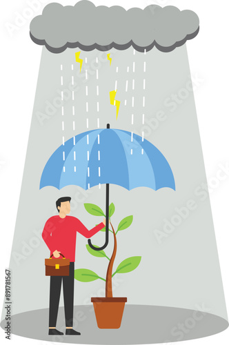 Soaked misfortune businessman with too small umbrella protection in strong raining storm. Business mistake causing failure, problem, risk management. Flat vector illustration

