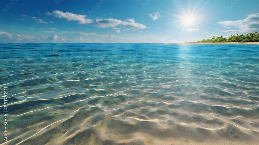 Seabed sand with blue tropical ocean above, empty underwater background with the summer sun shining brightly, creating ripples in the calm sea water Seabed sand with blue tropical ocean above, empty underwater background with the summer sun shining brightly, creating ripples in the calm sea water