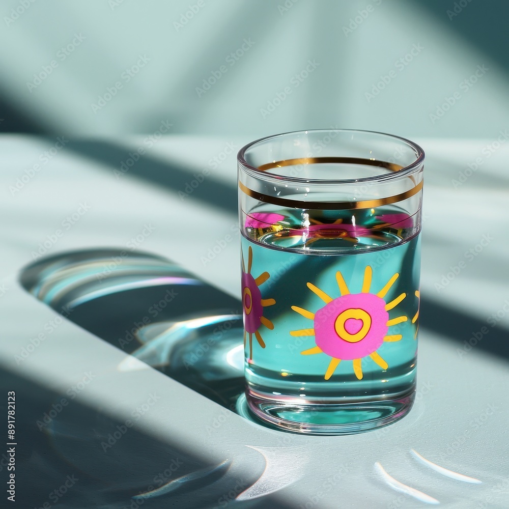 Obraz premium 45. Vibrant water glasses with cute sun patterns, fun and colorful, Water Glasses, Sun Designs