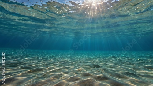 Seabed sand with blue tropical ocean above, empty underwater background with the summer sun shining brightly, creating ripples in the calm sea water