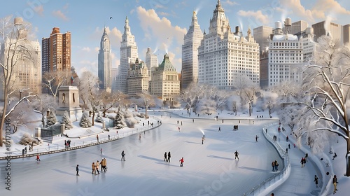 Serene Winter Cityscape Featuring Skaters With Historic Architecture