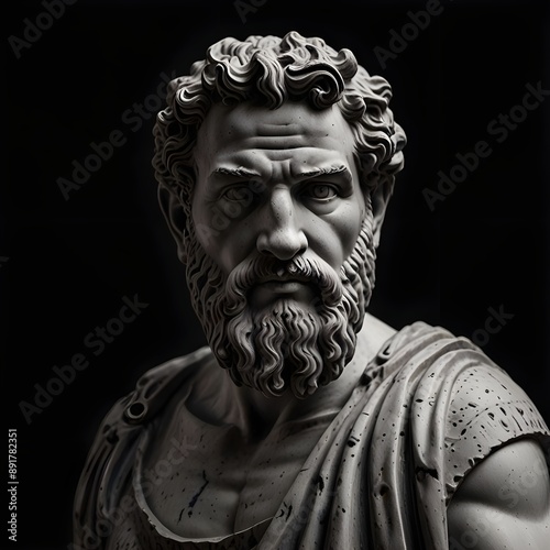 Black and white greek marble stoicism figure statue with black background