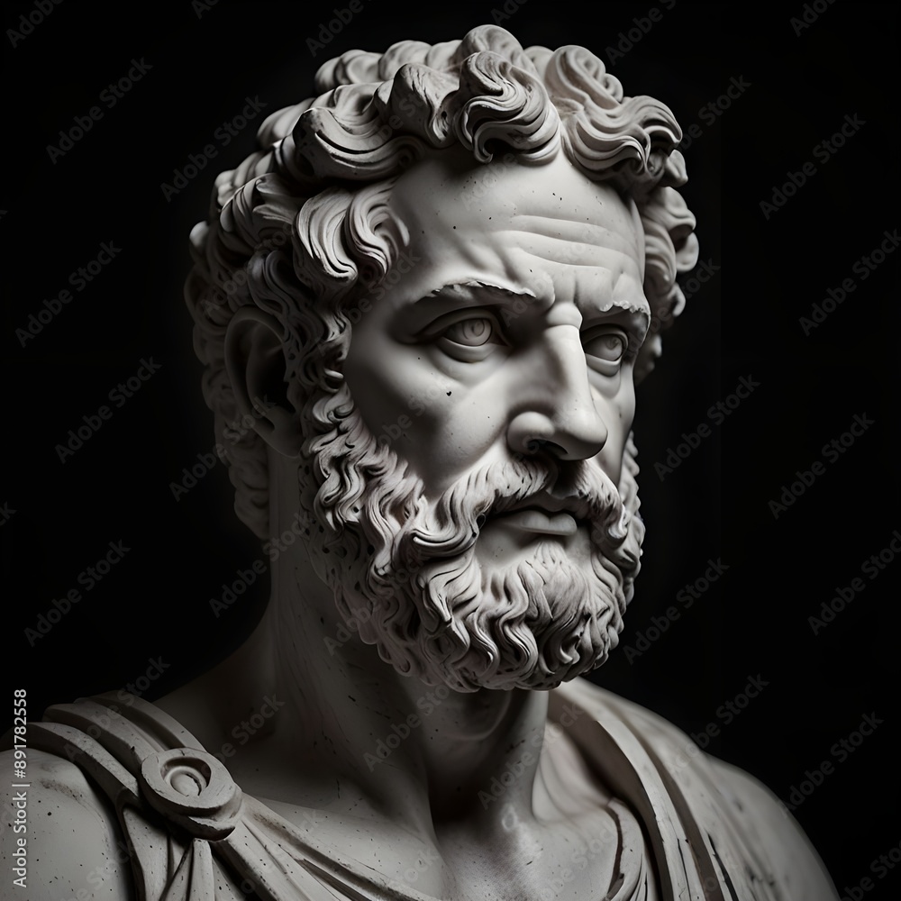 Black and white greek marble stoicism figure statue with black background Black and white greek marble stoicism figure statue with black background