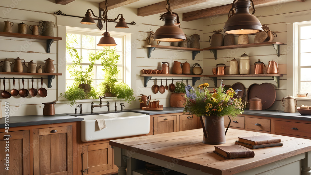 A warm and inviting farmhouse kitchen scene, radiating cozy vintage charm, with distressed shiplap walls adorned with antique utensils and worn wooden spoons, generative ai
