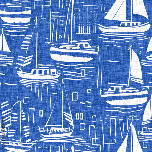 Coastal sail boat in azure ocean blue seamless background. Modern sailing race boat block print for decorative coast interior furnishing fabric for rustic linen beach cottage trend. 