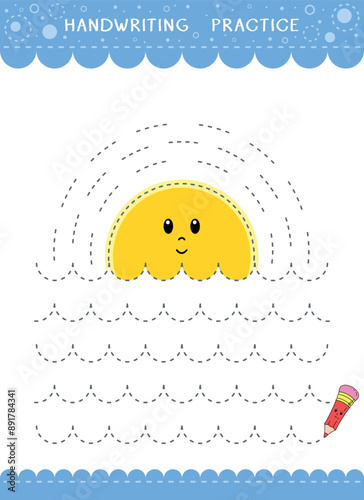 Simple educational game for kids. Vector handwriting practice sheet with sunset on the sea