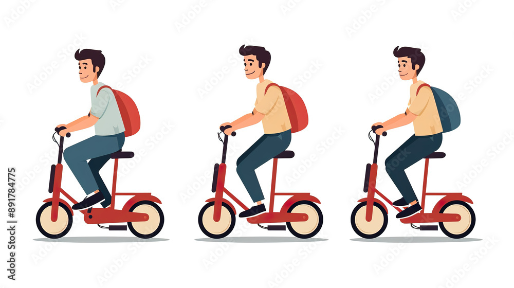Isolated on a white background, a schoolboy is riding a scooter. Isolated on a white background, a schoolboy is riding a scooter.