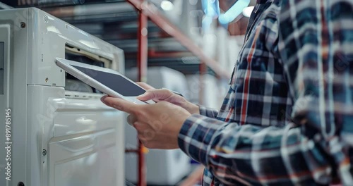 Technician using a digital tablet to diagnose HVAC issues, ensuring accurate and efficient problem-solving. HVAC service technician. Copyspace