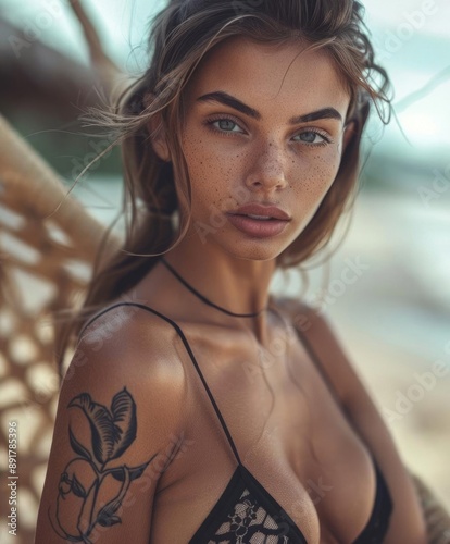 Close-up of a beautiful tanned sultry woman in a swimsuit posing on the beach, exuding confidence and allure.