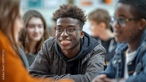 Portrait of group students African American guy talking in debate session in school, discussing topics, education. 