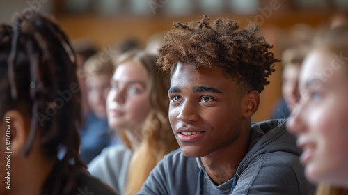 Portrait of group students African American guy talking in debate session in school, discussing topics, education. 