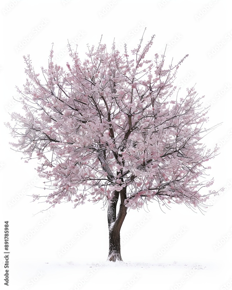 Fototapeta premium Single Black Cherry tree, covered in snow, against a white background