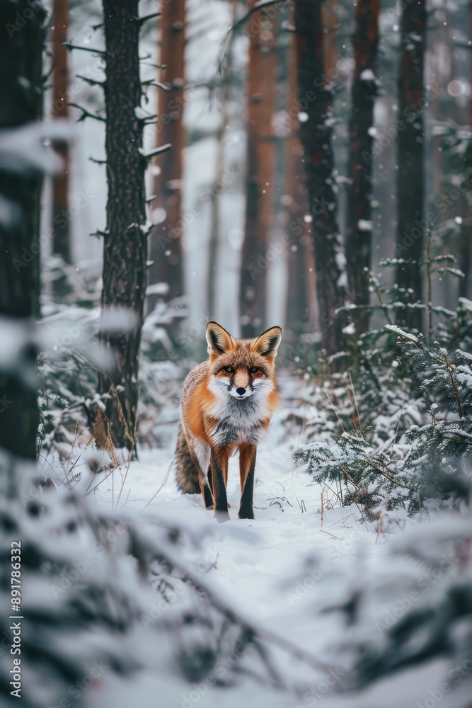 Fototapeta premium a fox is walking through the snow in the woods