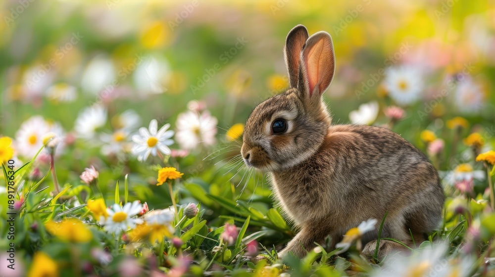 Fototapeta premium Fluffy Bunny Among Spring Flowers
