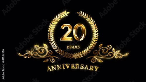 20th Anniversary Celebration. Golden 20 Years Anniversary Animation in Gold Color on the Transparent Background, Alpha Channel. Great for greetings, celebrations, events, and gifts.