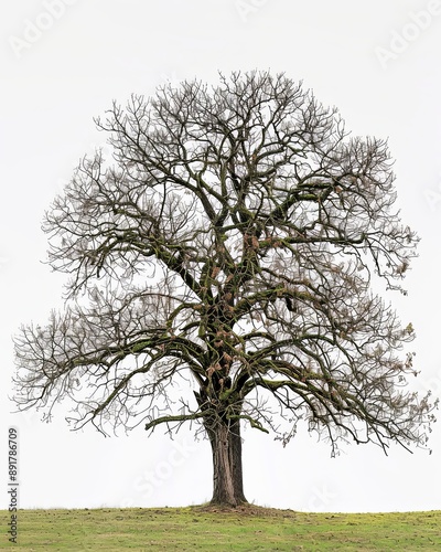 A solitary chestnut tree with bare branches stands tall against a white background
