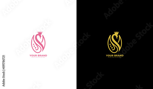 Jewelry logo, swan, gold crown, line art swan icon. Vector illustration design