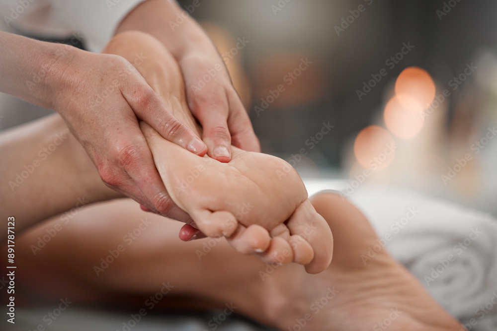Person, spa and masseuse for foot massage, pedicure therapy and pamper muscle for detox. Therapist, client and reflexology at hotel for circulation, treatment and acupressure for healing service Person, spa and masseuse for foot massage, pedicure therapy and pamper muscle for detox. Therapist, client and reflexology at hotel for circulation, treatment and acupressure for healing service