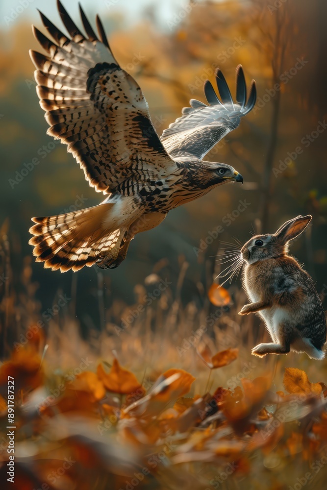Fototapeta premium a hawk and a rabbit are flying over a field