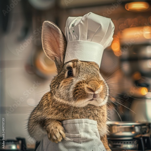 a rabbit wearing a chef hat in the kitchen photo